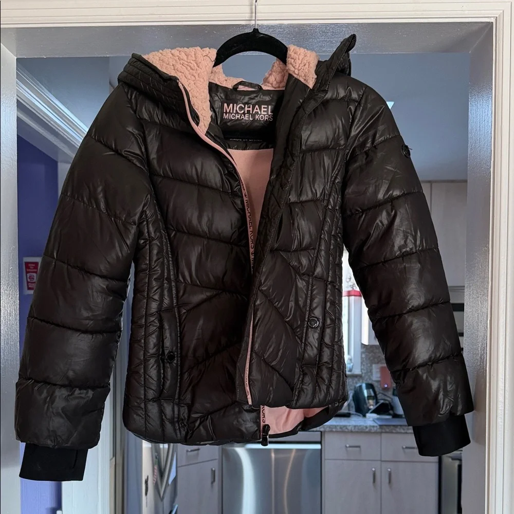 Michael Kors Kids Black Puffer Jacket with Pink Lining Size 10/12